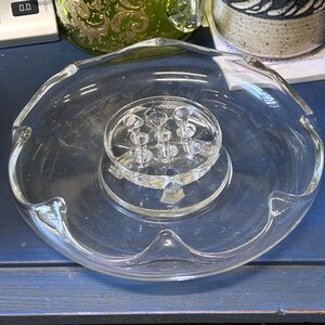 Vintage Glass Flower Frog Bowl, Clear Glass Flower Arranging Dish Wavy Rim Decor